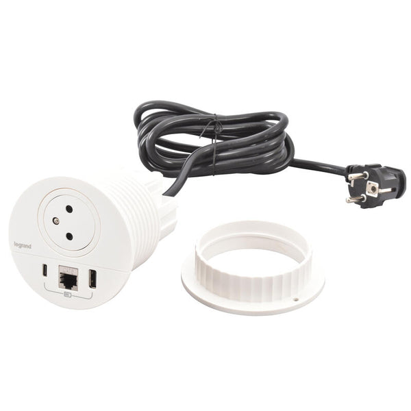 Legrand Incara White Ø80mm Surface Socket with USB Type-A+C Charger - 2m