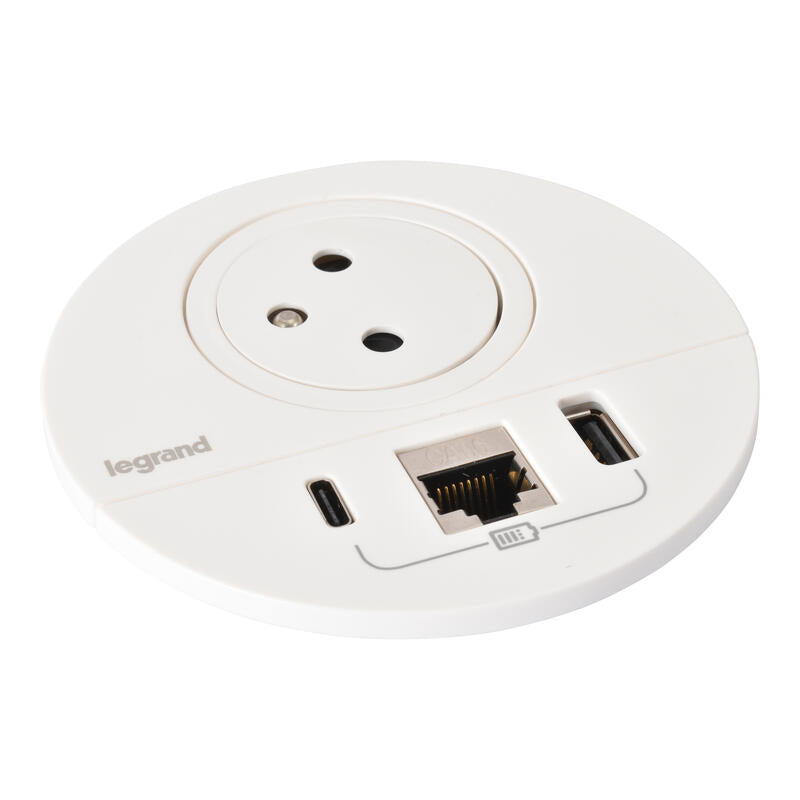 Legrand White Ø80mm Incara Disq 80 with 2P+E Surface Socket, USB Type-A+C Charger, RJ45 Cat 6 FTP, and 0.5m Wieland Cord