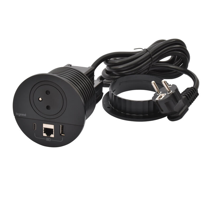 Legrand Incara Black √ò80mm Surface Socket with USB Type-A+C Charger - 2m