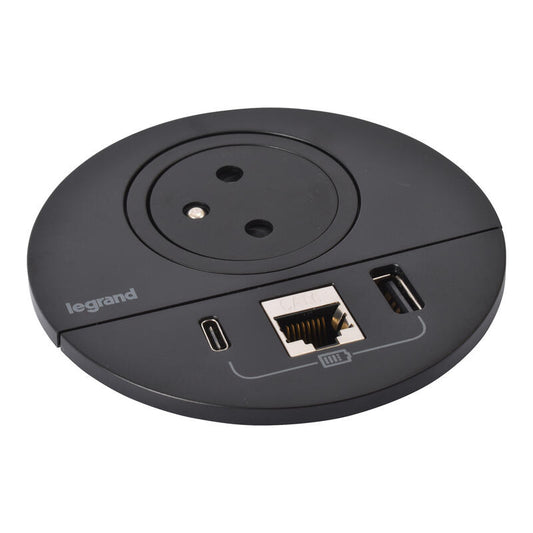 Legrand Incara Black √ò80mm Surface Socket with USB Type-A+C Charger - 2m