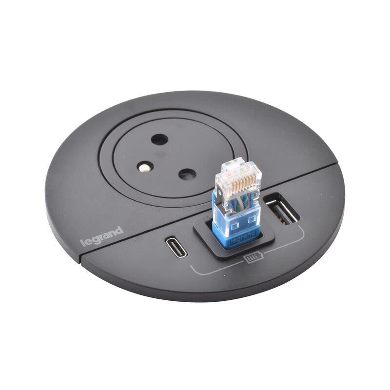 Legrand Incara Black √ò80mm Surface-Mounted 2P+T Outlet, USB Type-A+C Charger - 2m