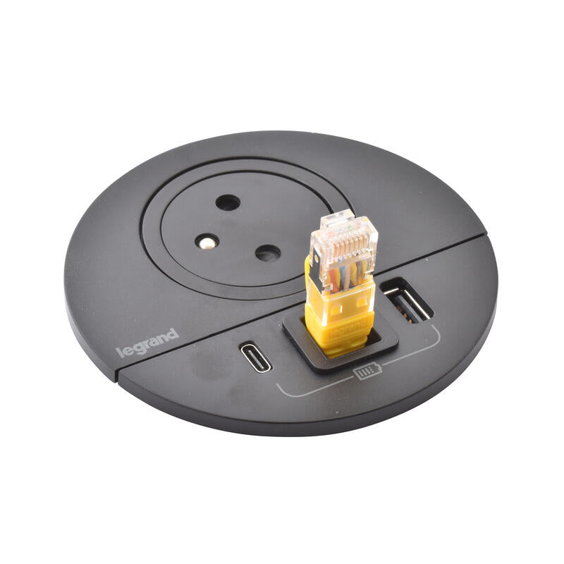 Legrand Incara Black √ò80mm Surface-Mounted 2P+T Outlet, USB Type-A+C Charger - 2m