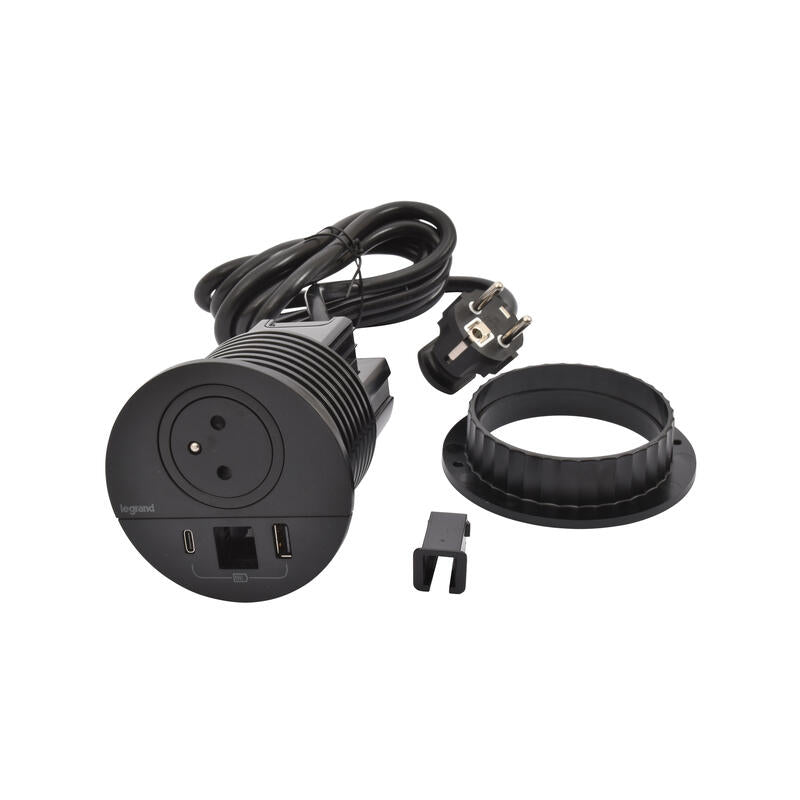 Legrand Incara Black √ò80mm Surface-Mounted 2P+T Outlet, USB Type-A+C Charger - 2m