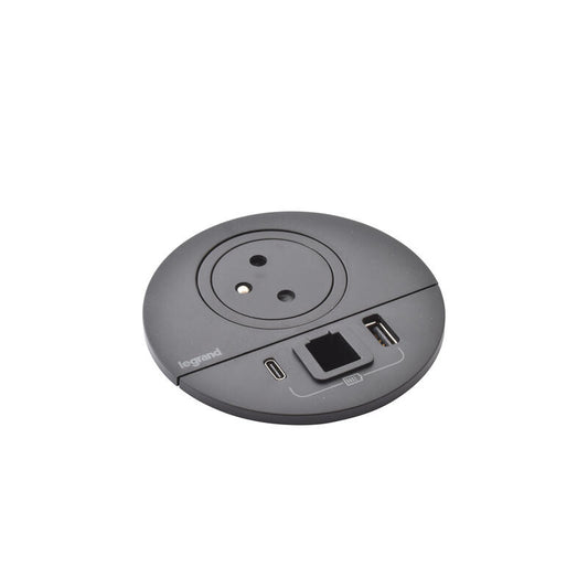 Legrand Incara Black √ò80mm Surface-Mounted 2P+T Outlet, USB Type-A+C Charger - 2m