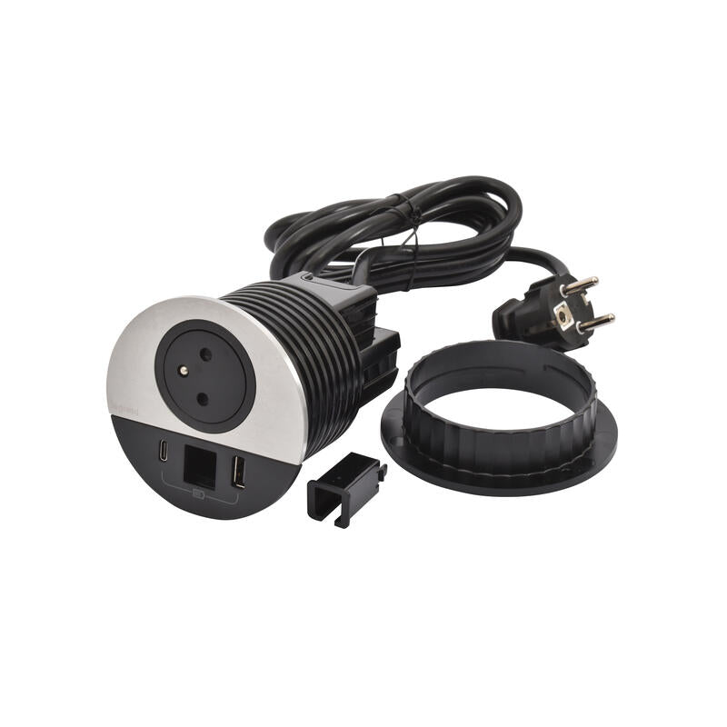 Legrand Incara Metal √ò80mm Surface-Mounted 2P+T Outlet, USB Type-A+C Charger - 2m