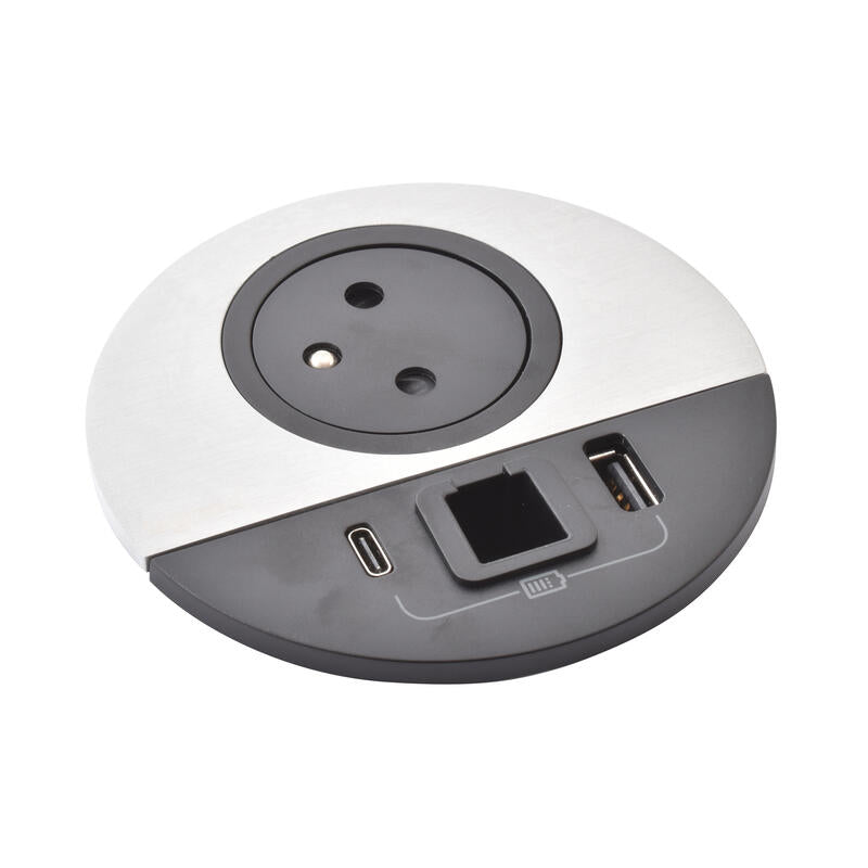 Legrand Incara Metal √ò80mm Surface-Mounted 2P+T Outlet, USB Type-A+C Charger - 2m