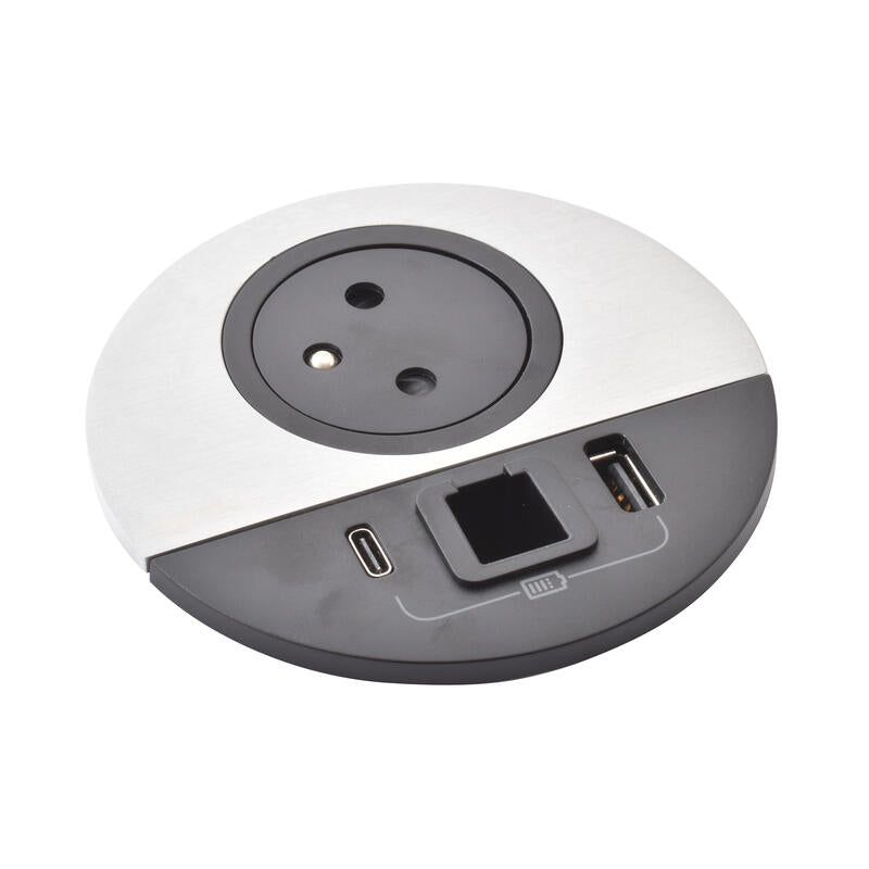 Legrand Incara Metal Ø80mm Surface-Mounted 2P+T Outlet, USB Type-A+C Charger - 2m