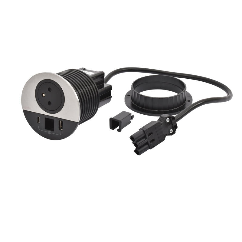 Legrand Metal √ò80mm Incara Disq 80 with 2P+E Surface Socket, USB Type-A+C Charger, and 0.5m Wieland Connector for Cable Outlet