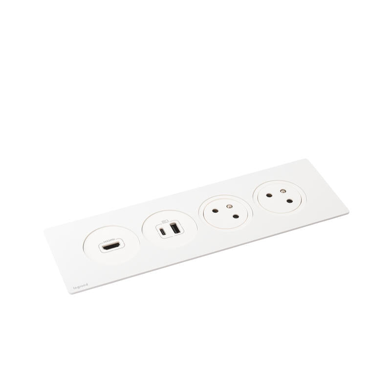 Legrand Incara Disq'In 4-Stations: 2P+E Sockets, USB Type-A+C Charger, White HDMI Socket, Plate Required