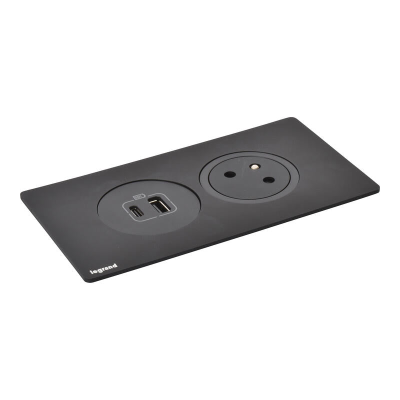 Legrand Incara Disq'In 2-Stations: 2P+E Socket, Black USB Type-A+Type-C Charger, Plate Required