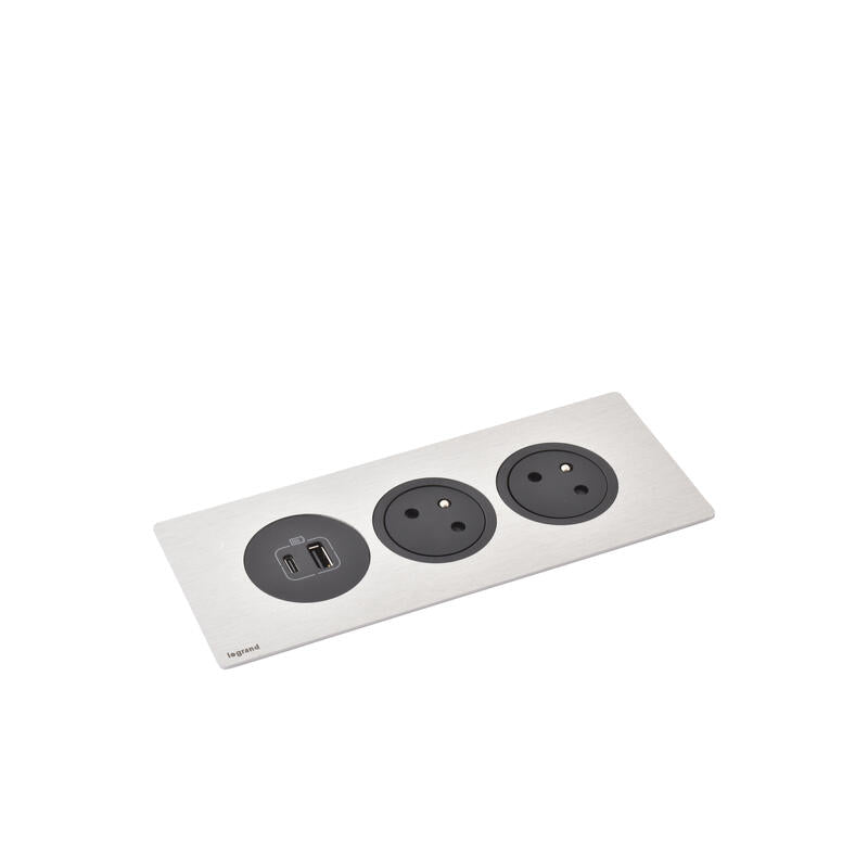 Legrand Incara Disq'In 2-Stations: 2P+E Sockets, Black USB Type-A+Type-C Charger, Plate Required