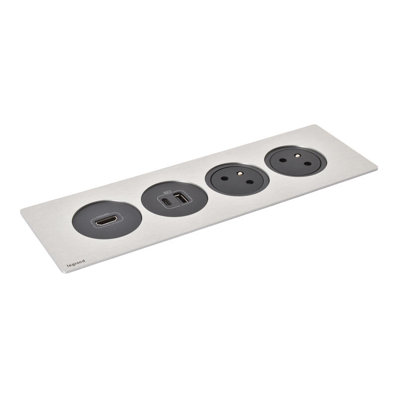 Legrand Incara Disq'In 2-Stations: 2P+E Sockets, USB Type-A+C Charger, Black HDMI Socket, Plate Required