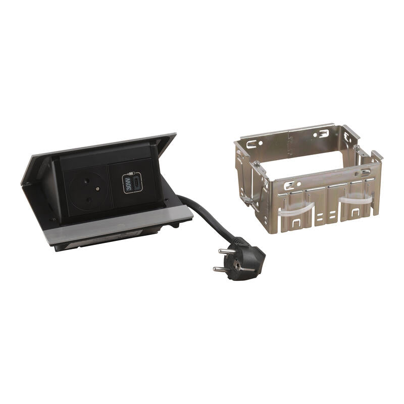 Legrand Incara Pop-up 2P+E Surface Socket, 30W USB Type-C Power Delivery Charger, Cord, and 4 Stainless Steel Modules