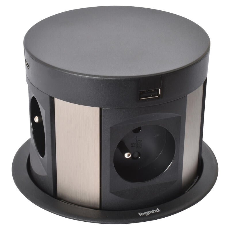 Legrand Incara Tower 120 √ò121mm Recessed Furniture Unit with 4x2P+E Sockets, 4xUSB Chargers and Cord
