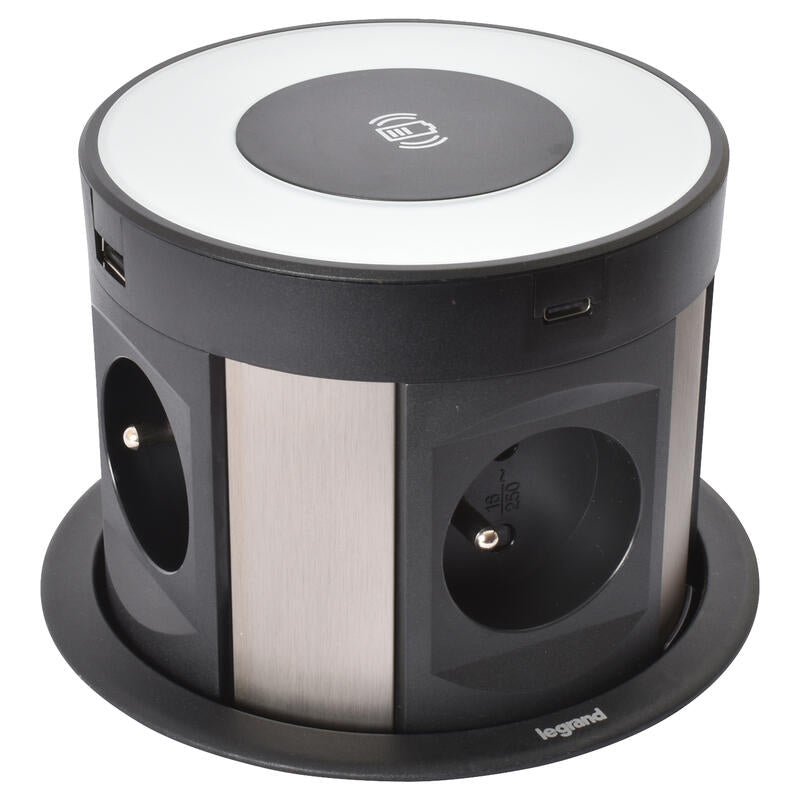 Legrand Incara Tower 120 √ò121mm Recessed Furniture Unit with 4x2P+E Sockets, 4xUSB Chargers, Without Induction Wires and Cord