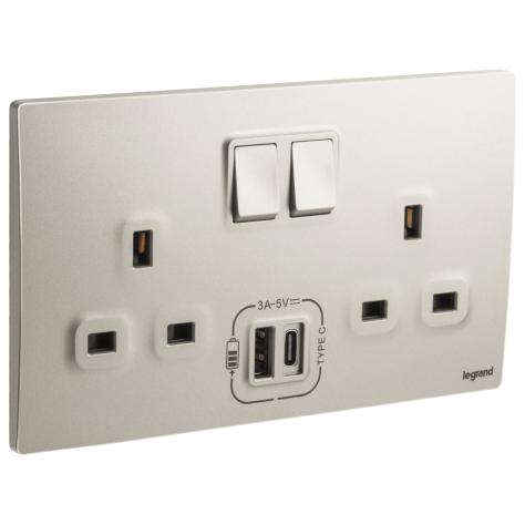 Legrand Mallia Senses Socket 13A with USB Type-A + Type-C 2 Gang