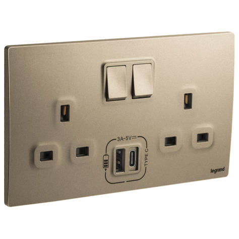 Legrand Mallia Senses Socket 13A with USB Type-A + Type-C 2 Gang