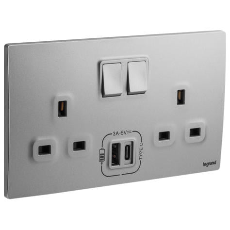 Legrand Mallia Senses Socket 13A with USB Type-A + Type-C 2 Gang