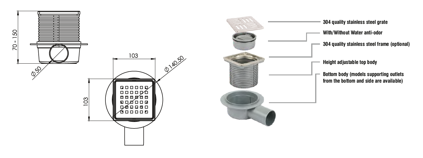 Sukar Line-15 Adjustable Drain Set 10x10cm Ø50mm - Plastic Frame (Side Outlet - Line Grate)