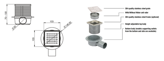 Sukar Line-15 Adjustable Drain Set 10x10cm Ø50mm - Plastic Frame (Side Outlet - Line Grate)