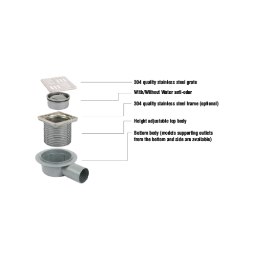 Sukar Line-15 Adjustable Drain Set 15x15cm Ø70mm - Plastic Frame (Side Outlet - Line Grate)