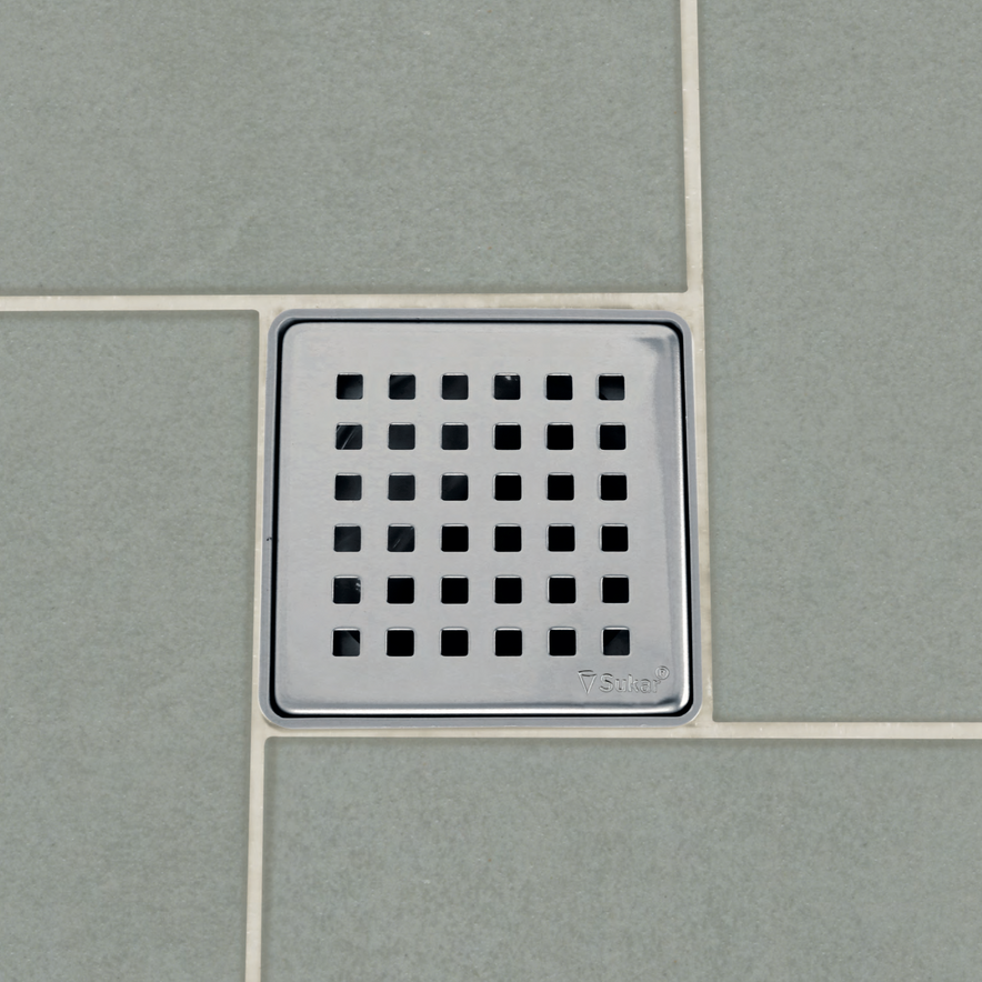 Sukar Standard Drain 10x10cm Ø50mm - Stainless Steel Frame (Bottom Outlet - Square Grate)