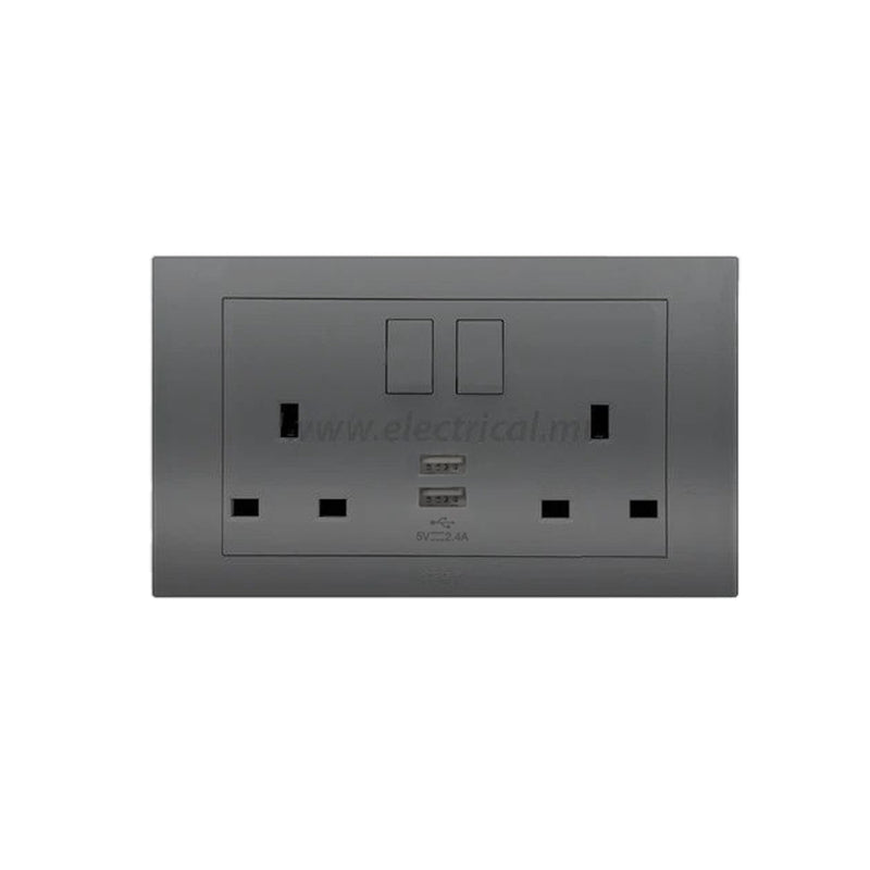 Hager Muse 13A socket outlet - Twin switched + 2x USB charger