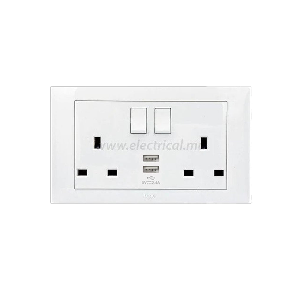 Hager Muse 13A socket outlet - Twin switched + 2x USB charger