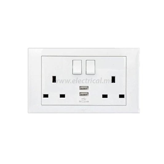Hager Muse 13A socket outlet - Twin switched + 2x USB charger
