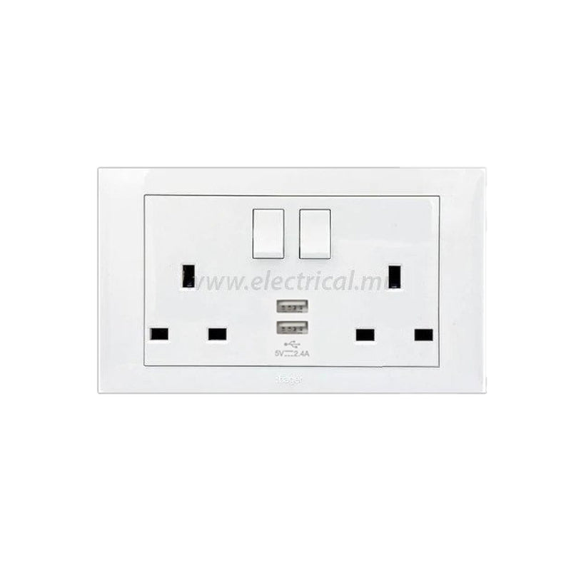 Hager Muse 13A socket outlet - Twin switched + 2x USB charger