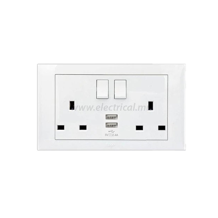 Hager Muse 13A socket outlet - Twin switched + 2x USB charger