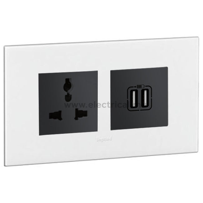 Legrand Arteor Multistandard Socket & Double USB Socket (with support frame and plate)