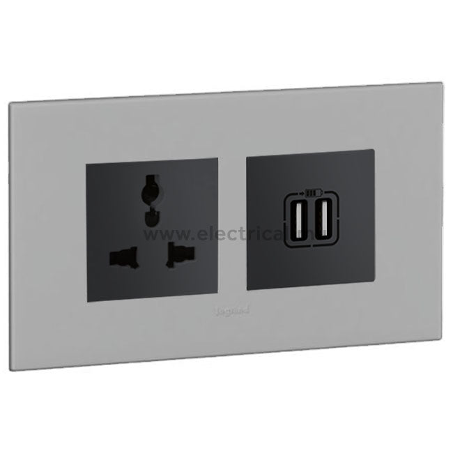 Legrand Arteor Multistandard Socket & Double USB Socket (with support frame and plate)
