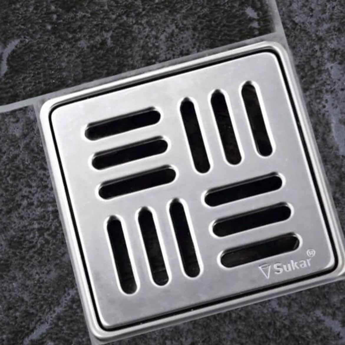 Sukar Standard Drain 15x15cm Ø50mm - Stainless Steel Frame (Bottom Outlet - Line Grate)