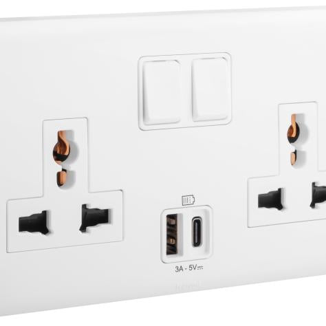 Legrand ELOÉ 2 Gang multistandard single pole switched socket + USB A+C