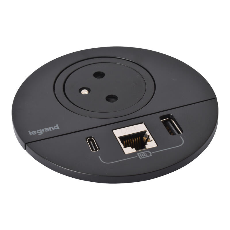 Legrand Incara Black Ø80mm Surface Socket with USB Type-A+C Charger - 2m