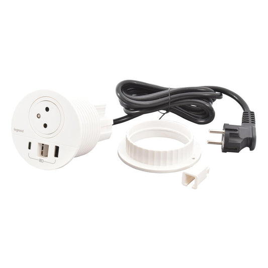 Legrand Incara White Ø80mm Surface-Mounted 2P+T Outlet, USB Type-A+C Charger - 2m