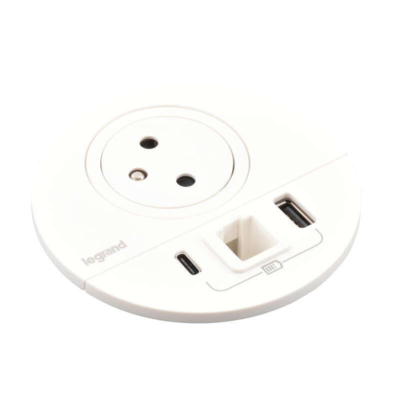 Legrand Incara White Ø80mm Surface-Mounted 2P+T Outlet, USB Type-A+C Charger - 2m