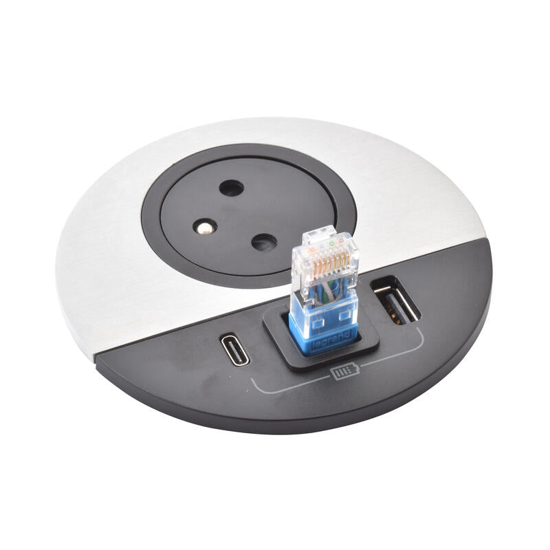 Legrand Incara Metal Ø80mm Surface-Mounted 2P+T Outlet, USB Type-A+C Charger - 2m