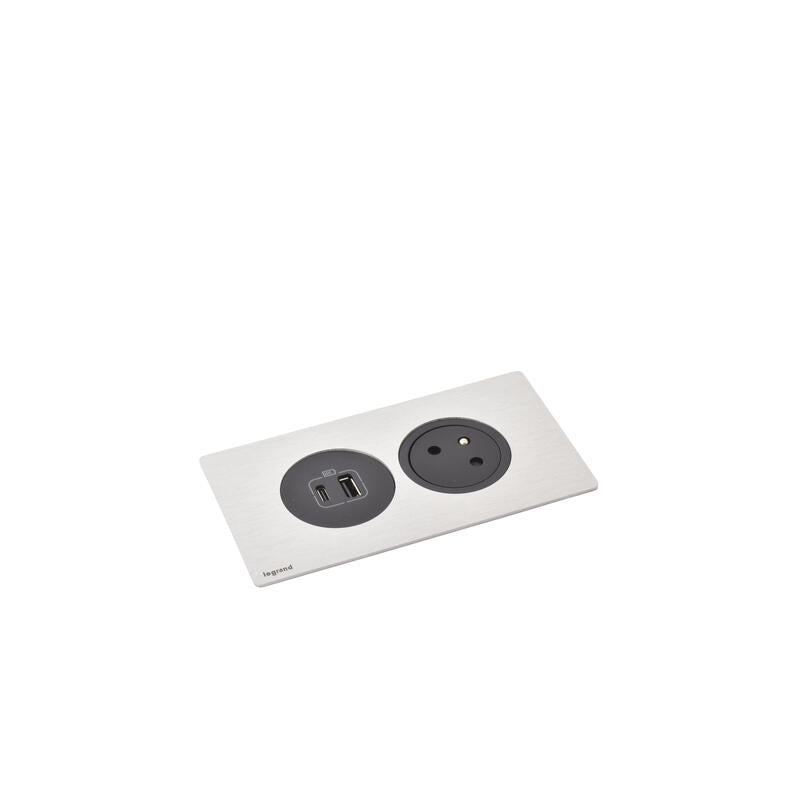 Legrand Incara Disq'In 2-Stations: 2P+E Socket, Black USB Type-A+Type-C Charger, Plate Required