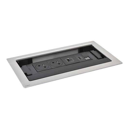 Legrand Incara Flip-Up 2x2P+E Sockets, USB Type-A+Type-C Charger, RJ45, HDMI, Cord, 8 Metal Modules