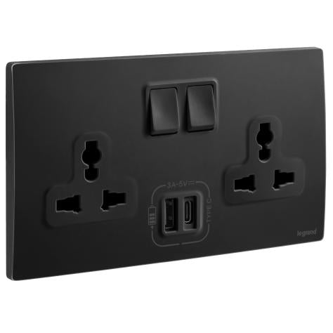 Legrand Mallia Senses Multistandard Switched Socket + USB Type-A + Type-C 2 Gang