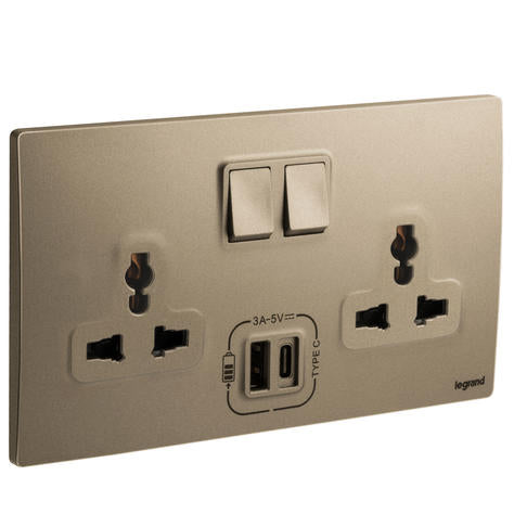 Legrand Mallia Senses Multistandard Switched Socket + USB Type-A + Type-C 2 Gang