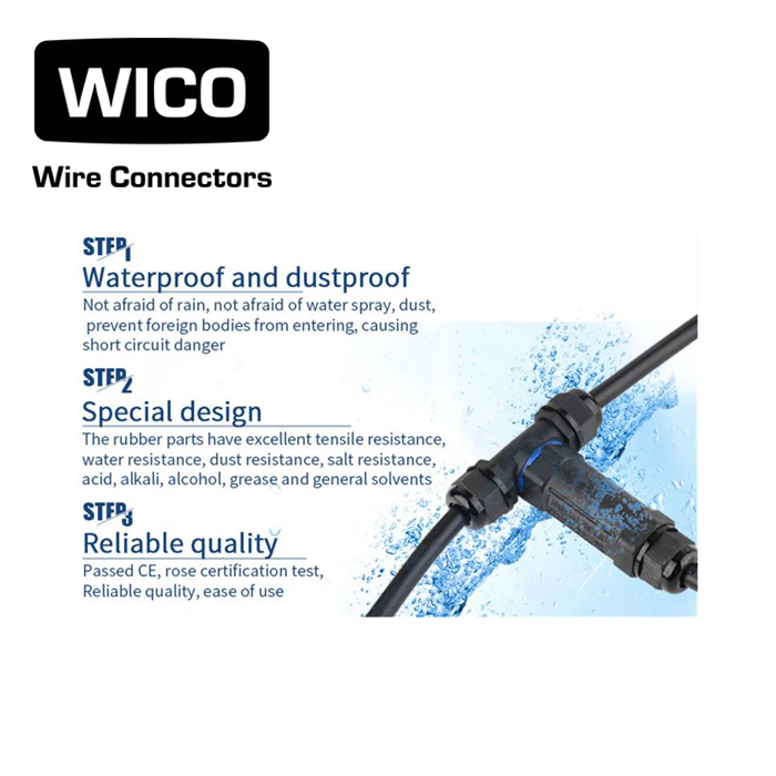 WICO 3-Pin T-Type Waterproof Wire Connector – IP68, 0.5–2.5mm²