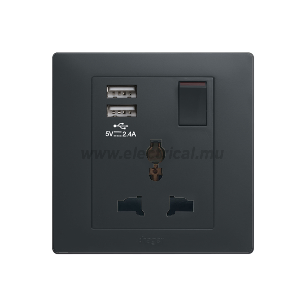 Hager Muse Multistandard Socket 16A + USB (Single - Knight Black)