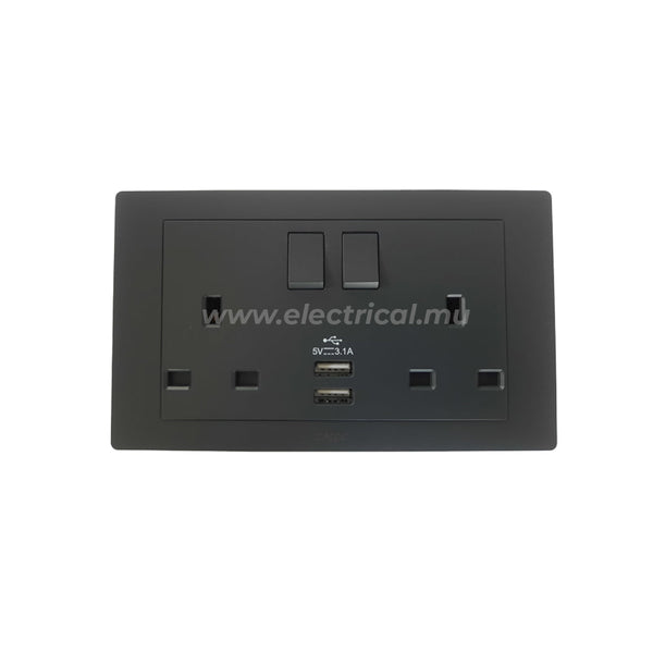 Hager Muse 13A socket outlet - Twin switched + 2x USB charger - Knight Black