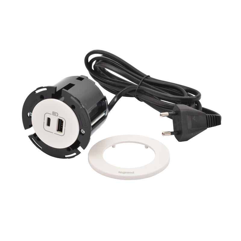 Legrand Incara Ø60mm Disq 60 with TypeA+TypeC USB Charger, 2m Cord, and 2P+T Plug