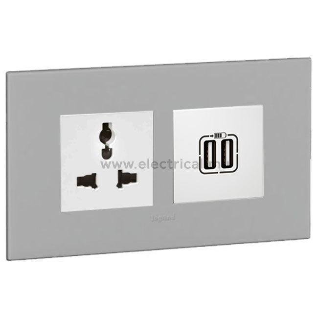 Legrand Arteor Multistandard Socket & Double USB Socket (with support frame and plate)